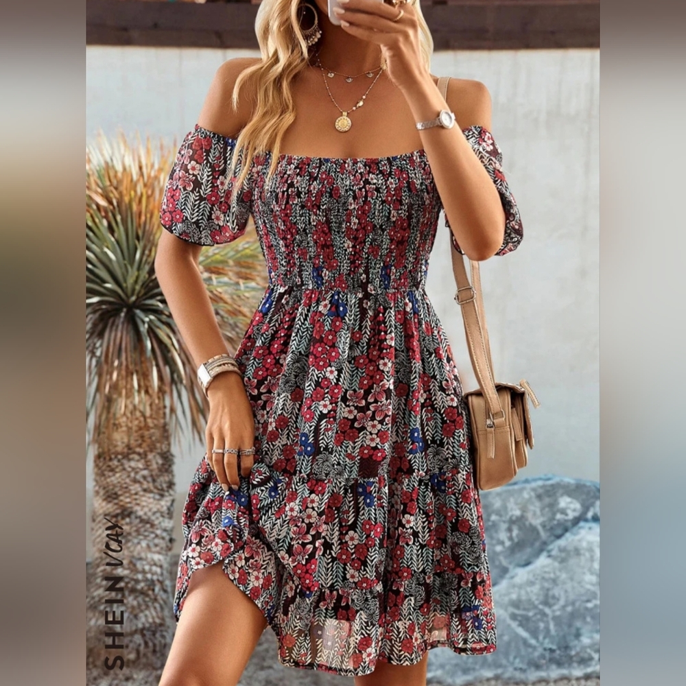 Floral off shoulder ruffle hem dress